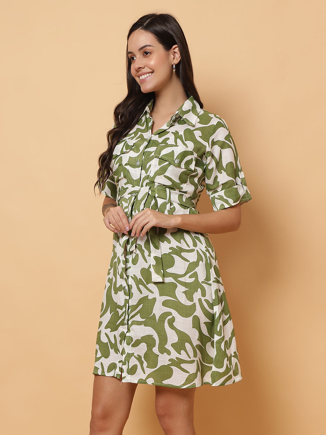 Women Green Printed Shirt Style Dress
