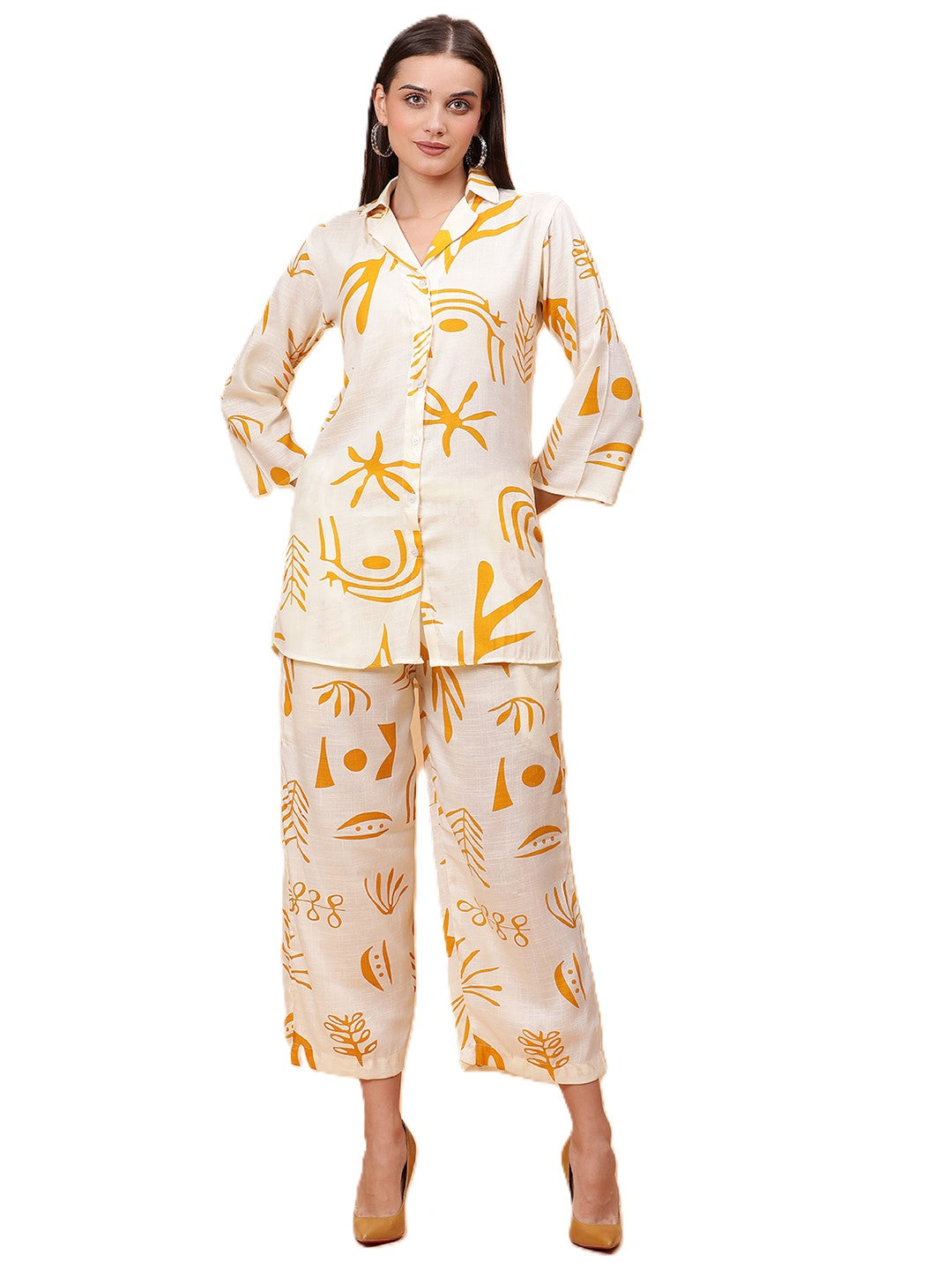 Women Yellow Printed Shirt Co-Ords