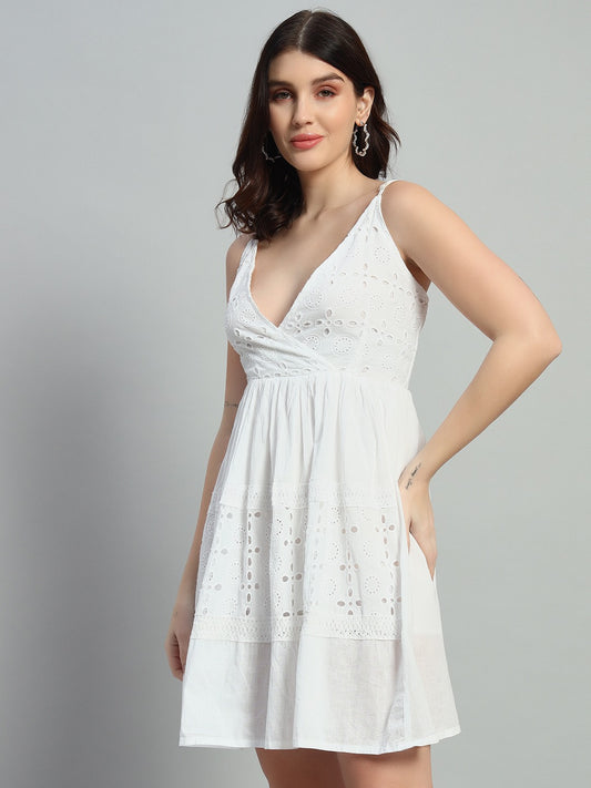 White Sleeveless V neck Dress