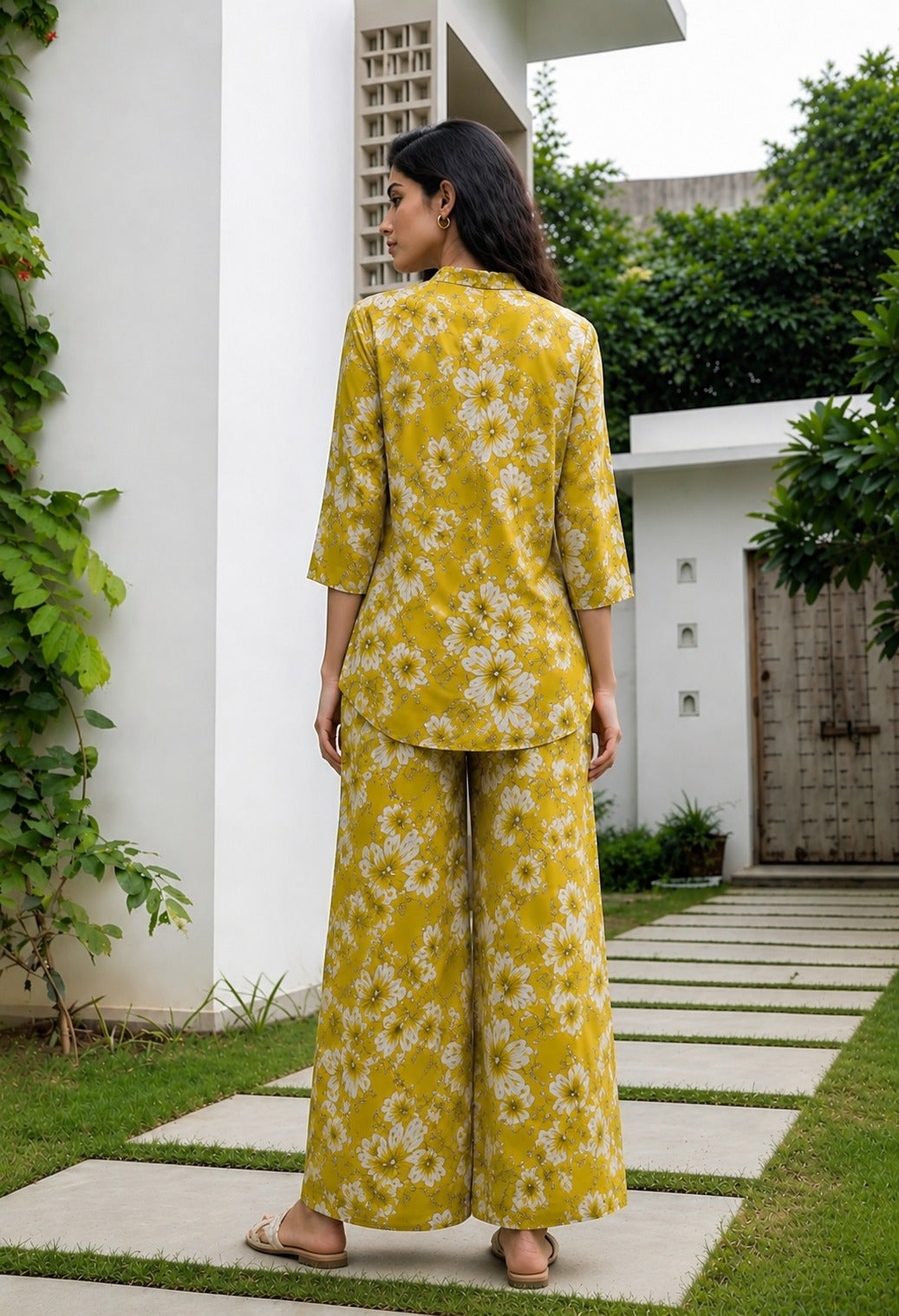 Floral Printed Mandarin collar pleated Co-Ords Set