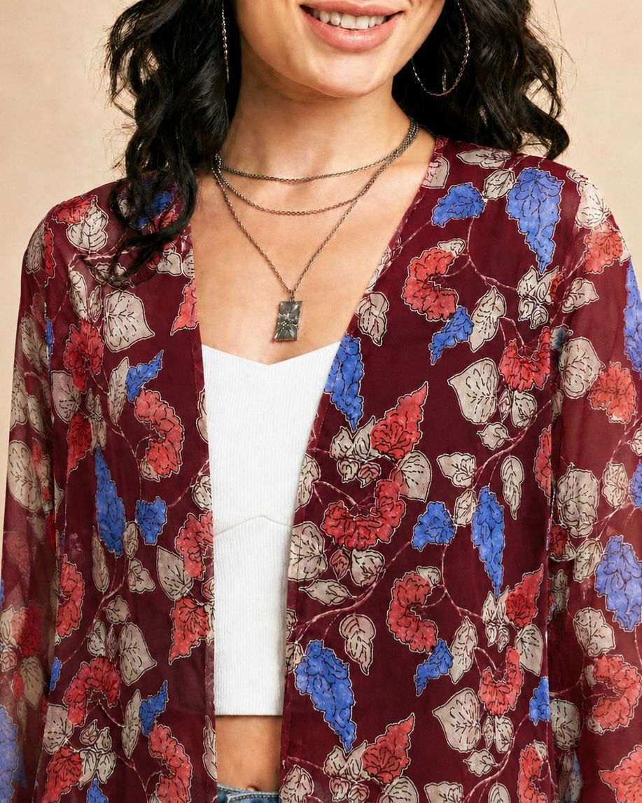 Women Maroon Floral Printed Front Open Longline Shrug