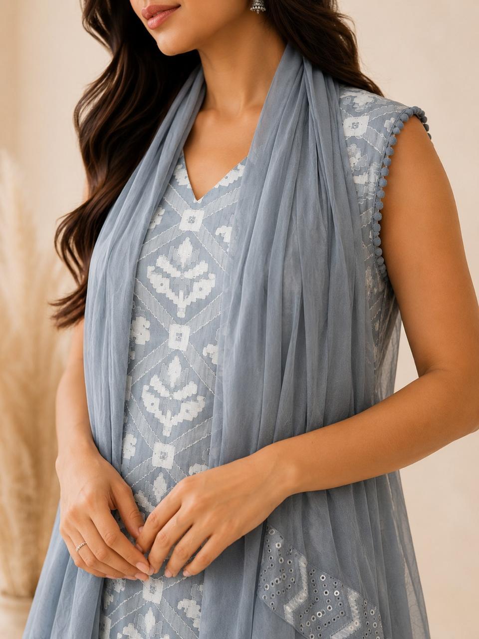 Women Abstract Printed Straight V neck Straight Kurta With Palazzo and Dupatta