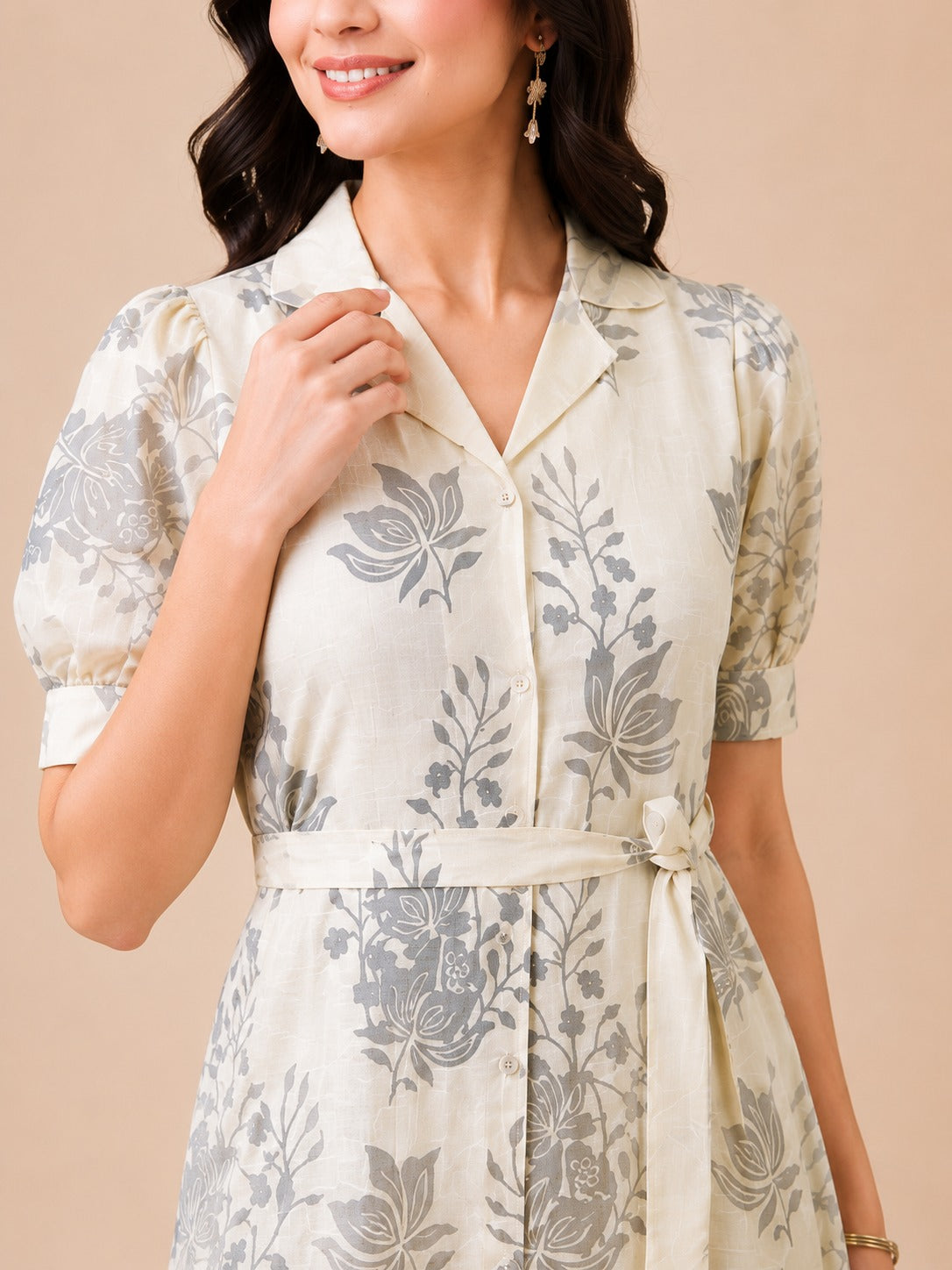 Women Printed Front Button Dress With Belt