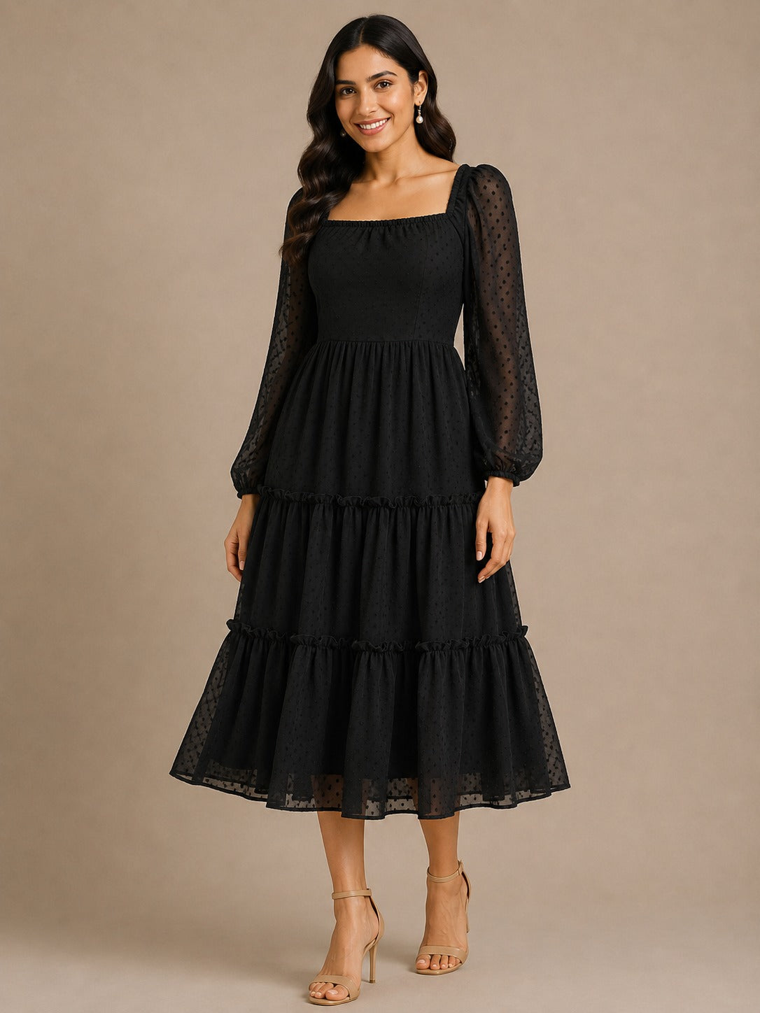Women Black Georgette Flared Dress