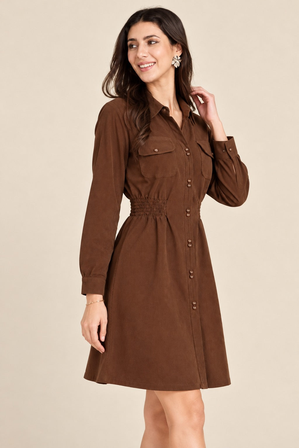 Women’s Solid Corduroy Winter Dress with Smocked Elasticated Waist