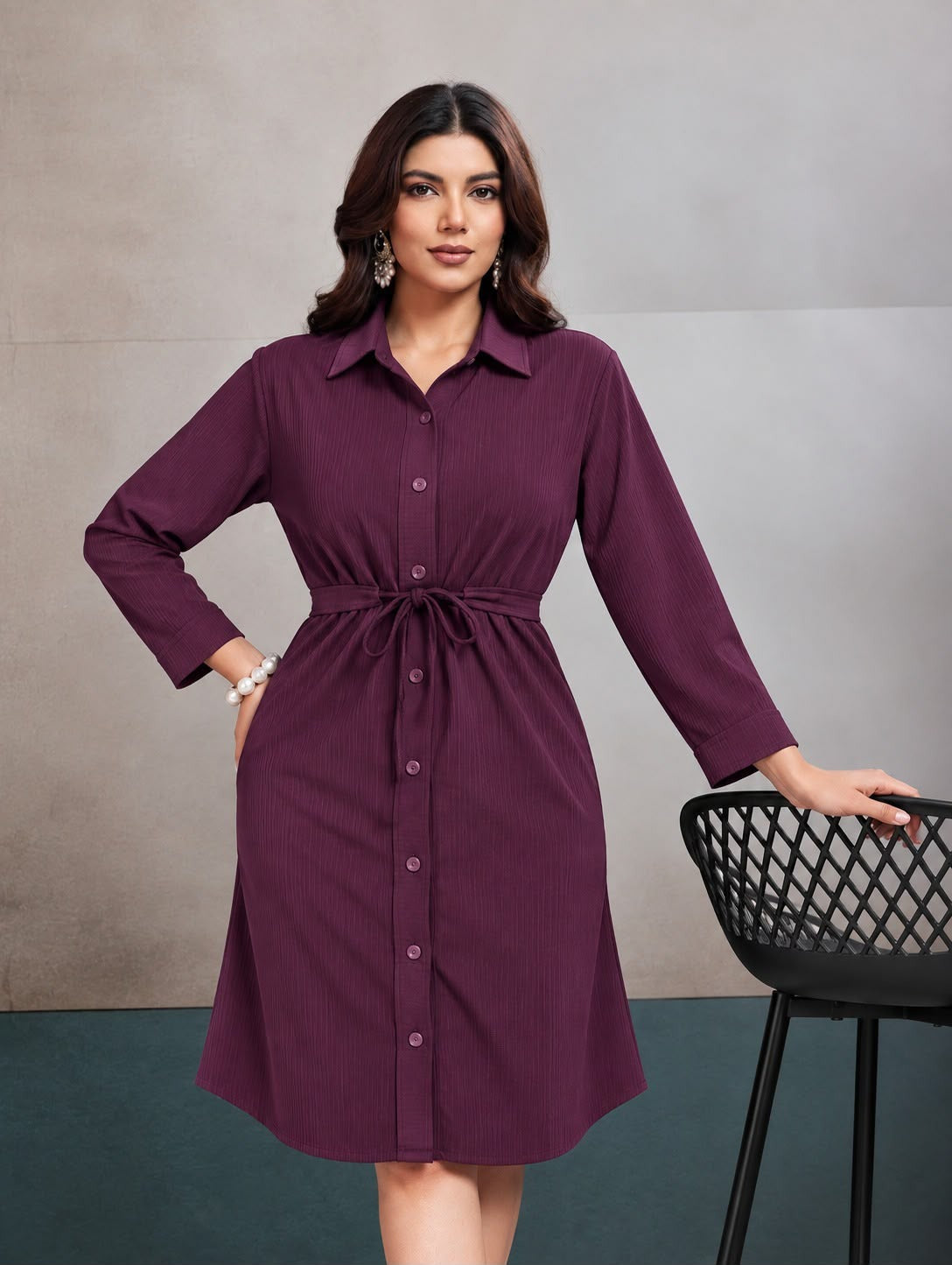 Women’s Solid Cotrise Tie-Up Winter Dress