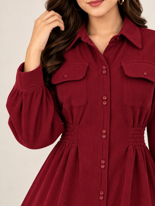 Women’s Solid Corduroy Winter Dress with Smocked Elasticated Waist