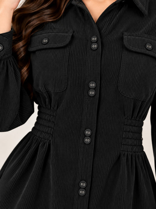 Women’s Solid Corduroy Winter Dress with Smocked Elasticated Waist