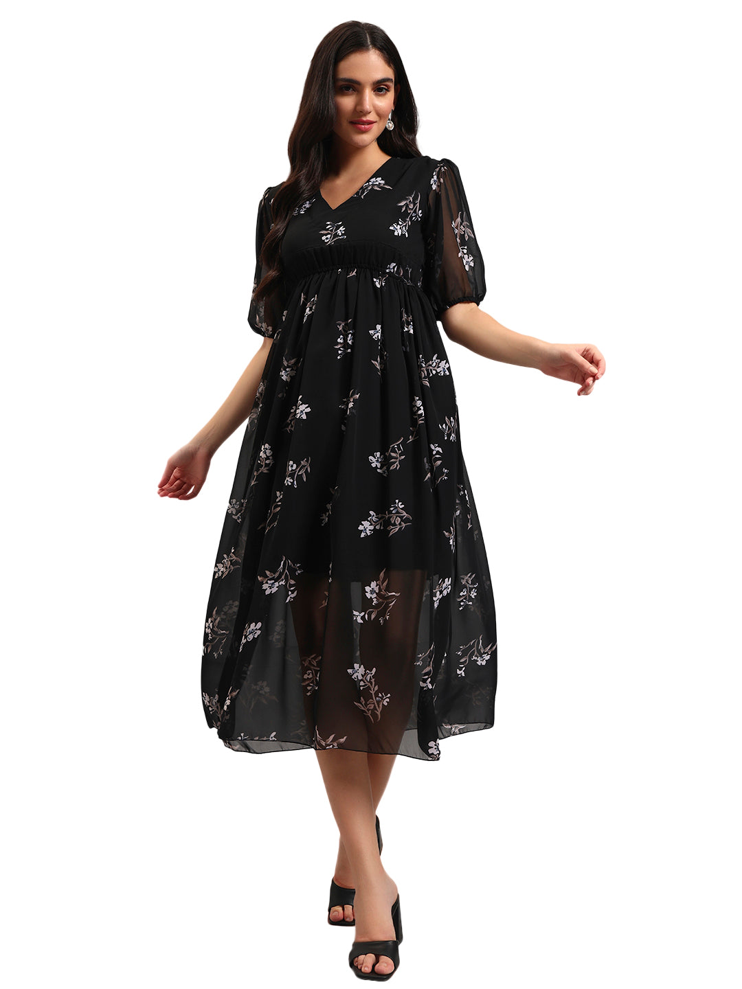 Women Black Georgette Fit & Flared Dress