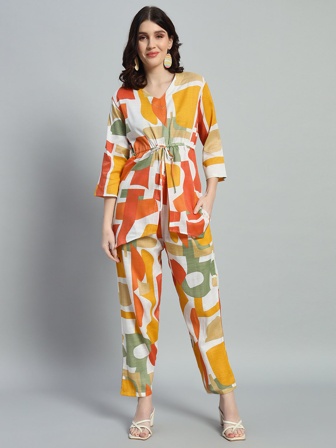 Women Orange green Floral Printed V Neck Co-Ords