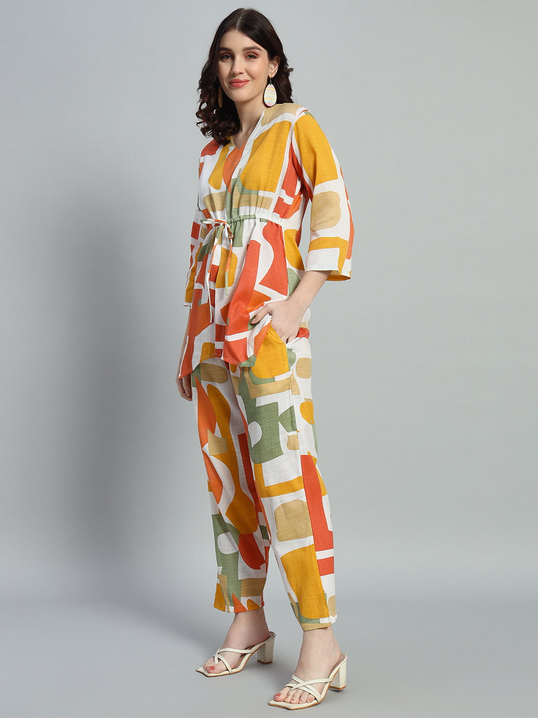 Women Orange green Floral Printed V Neck Co-Ords