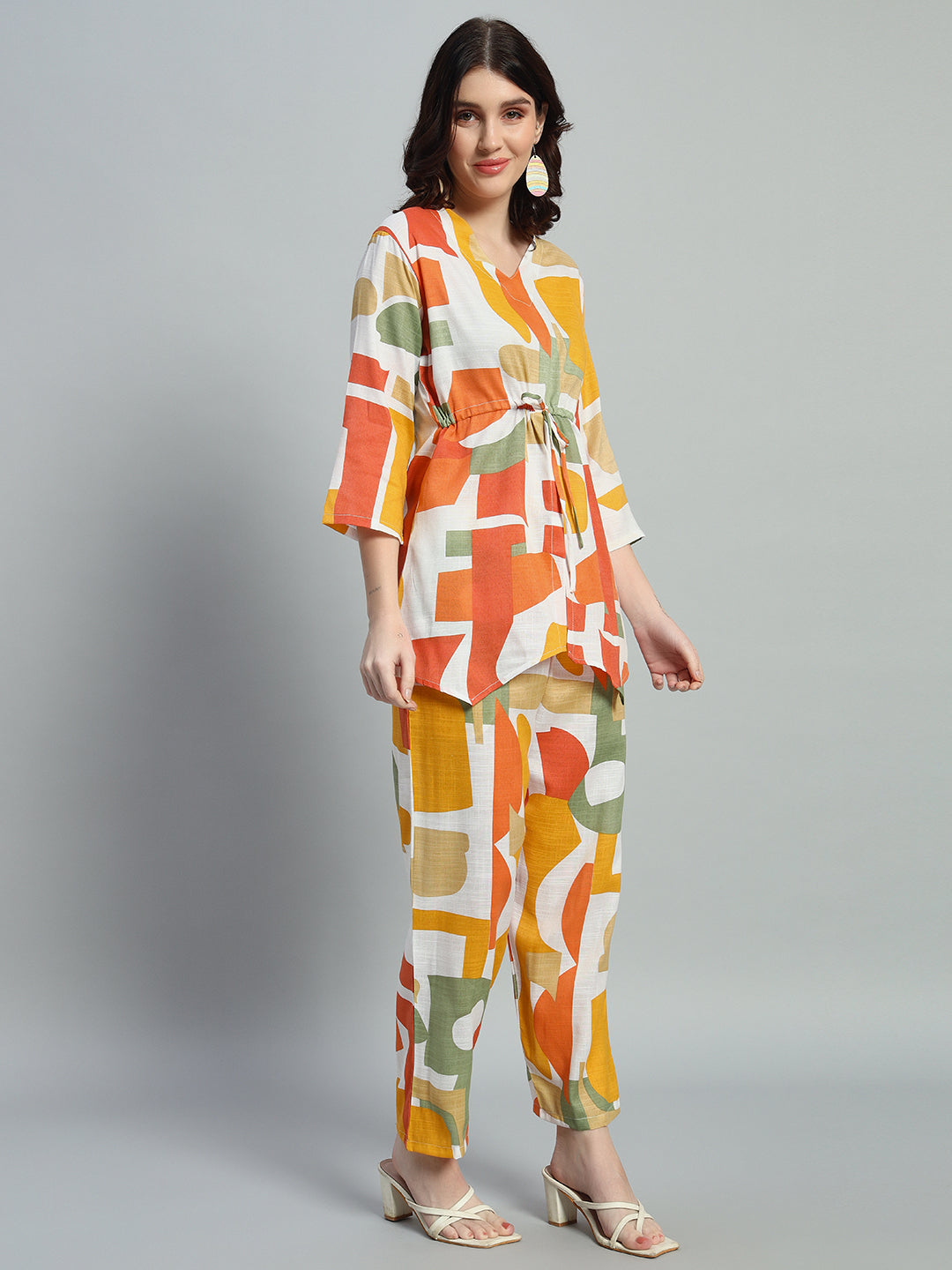 Women Orange green Floral Printed V Neck Co-Ords