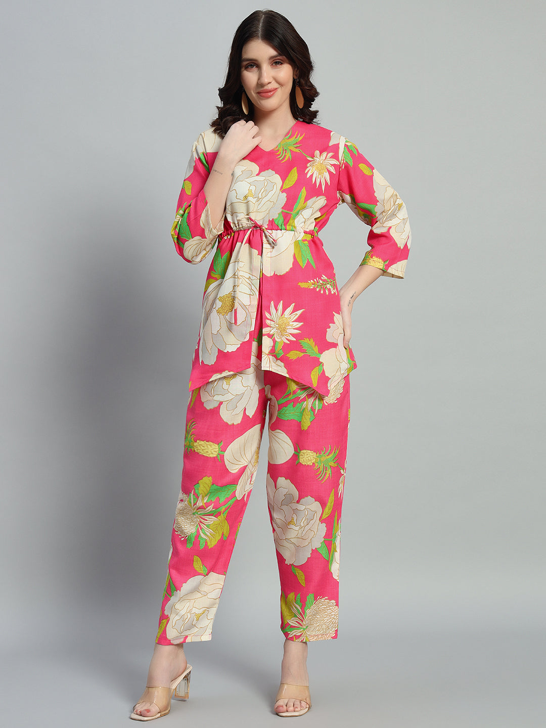 Women Pink Floral Printed Shirt Co-Ords