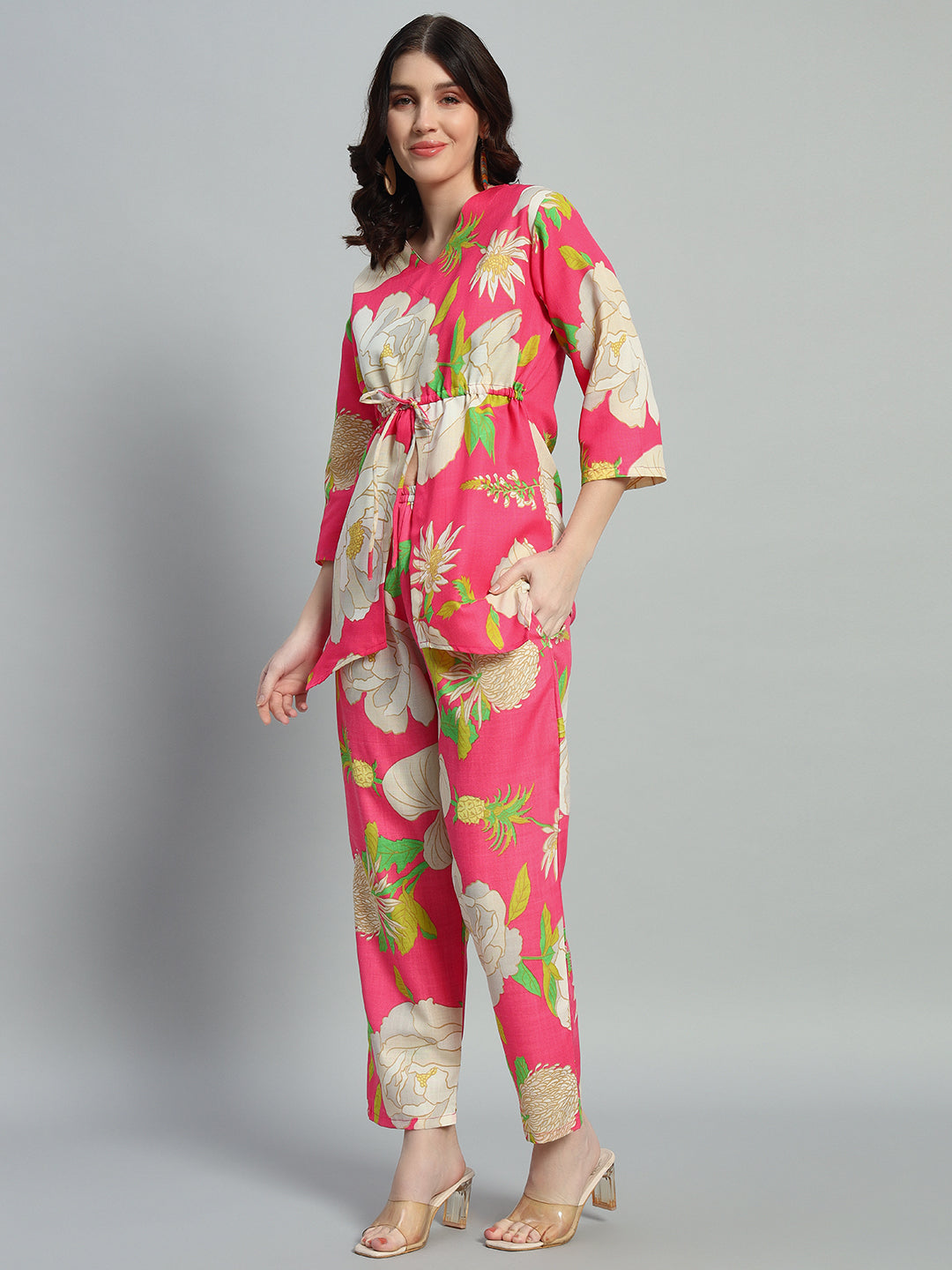 Women Pink Floral Printed Shirt Co-Ords