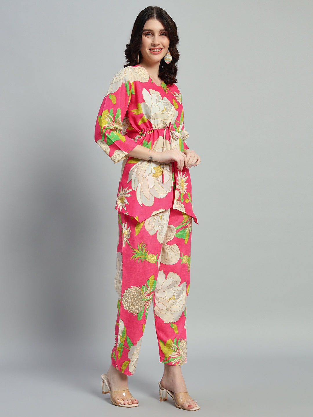 Women Pink Floral Printed Shirt Co-Ords