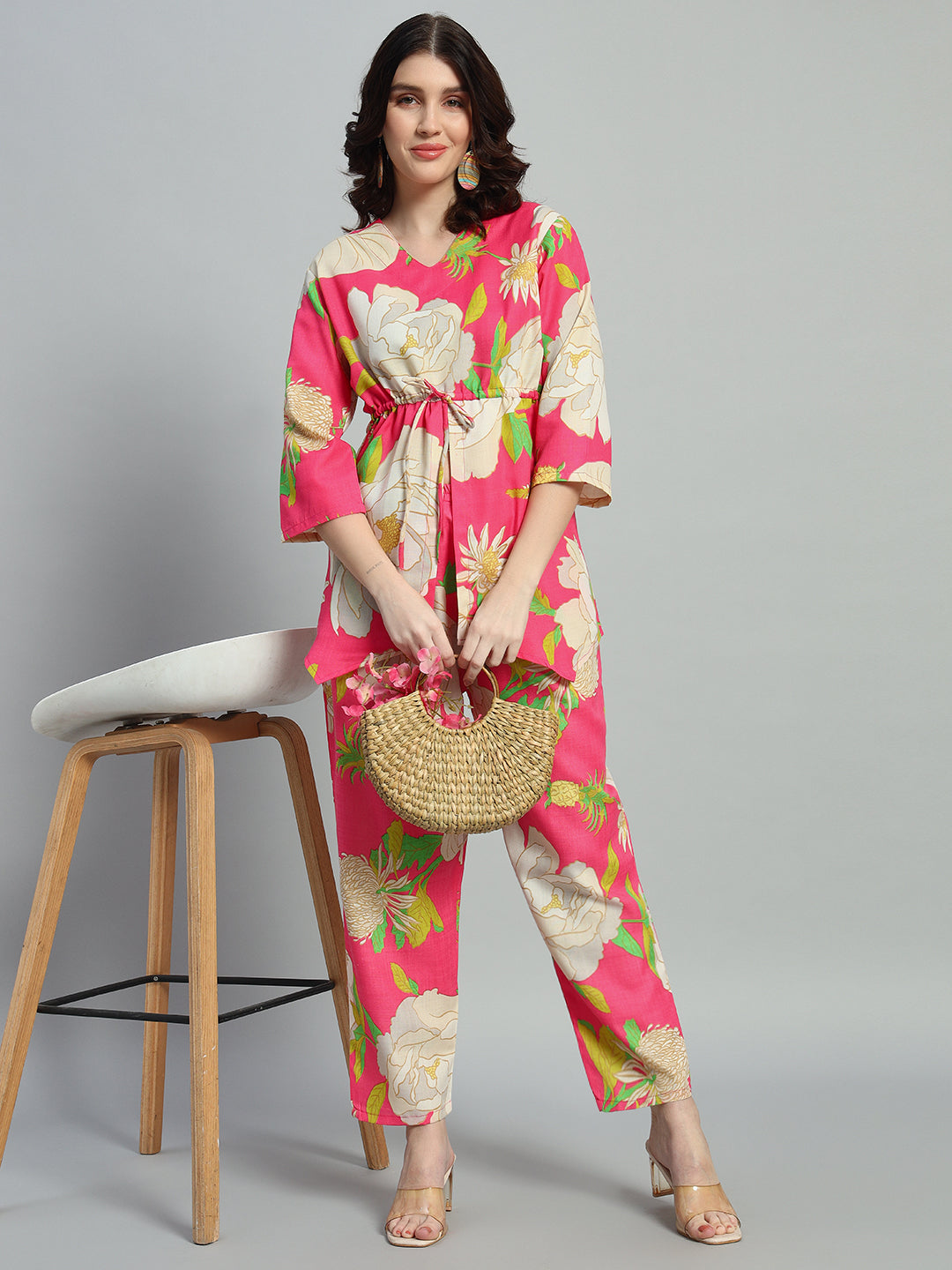 Women Pink Floral Printed Shirt Co-Ords