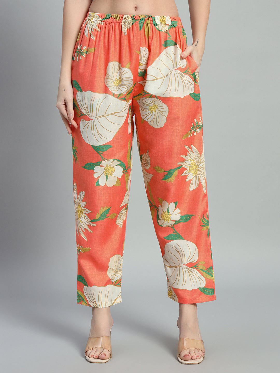 Women Orange Floral Printed V Neck Co-Ords