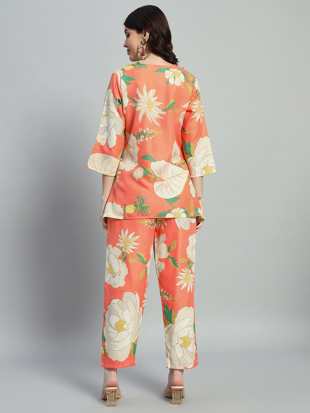 Women Orange Floral Printed V Neck Co-Ords