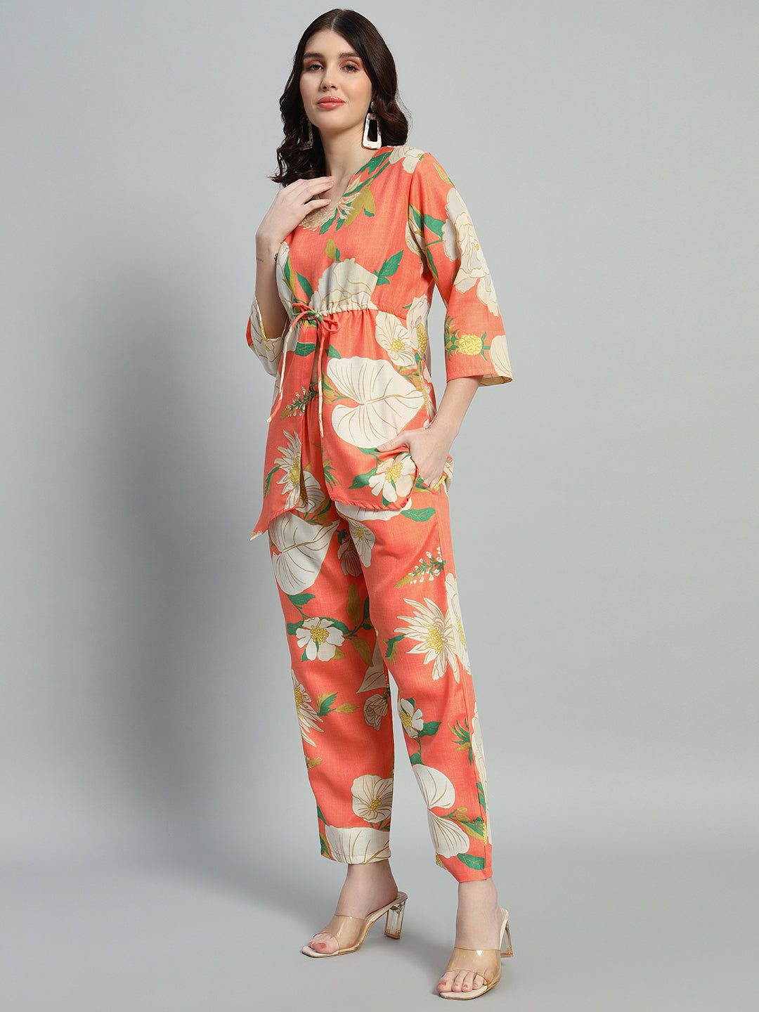 Women Orange Floral Printed V Neck Co-Ords