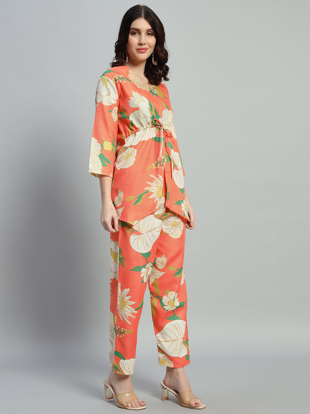 Women Orange Floral Printed V Neck Co-Ords