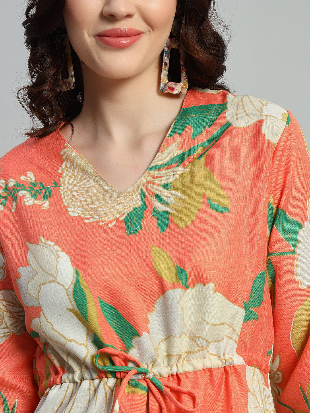 Women Orange Floral Printed V Neck Co-Ords