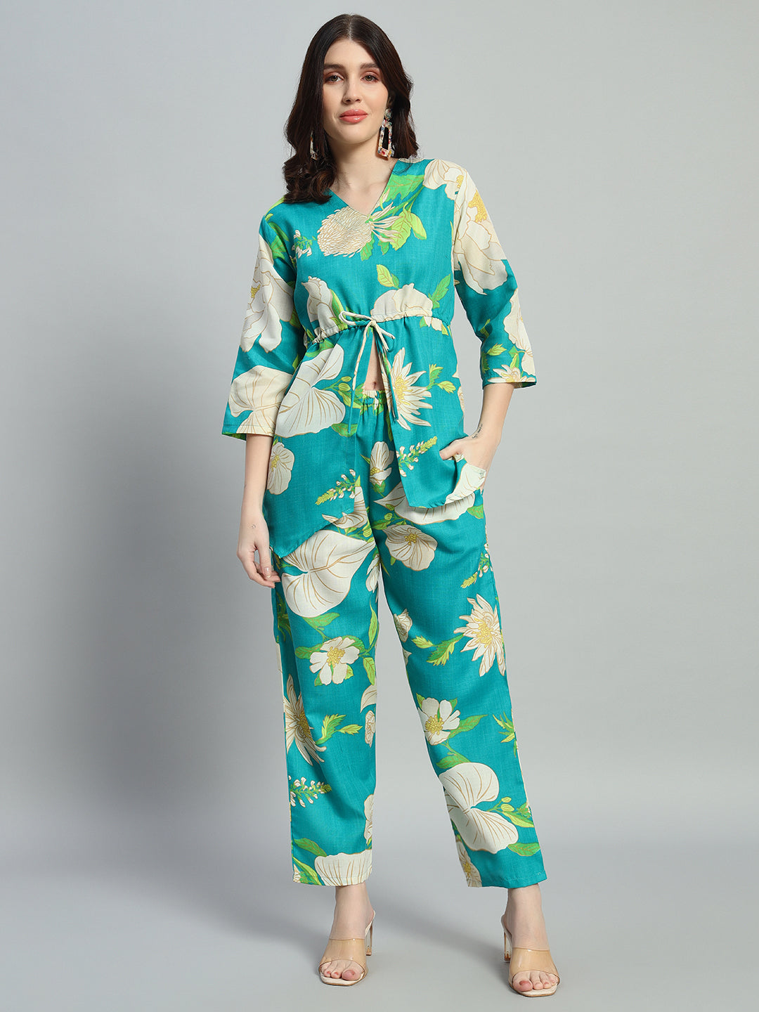 Women Green Floral Printed V neck Co-Ords