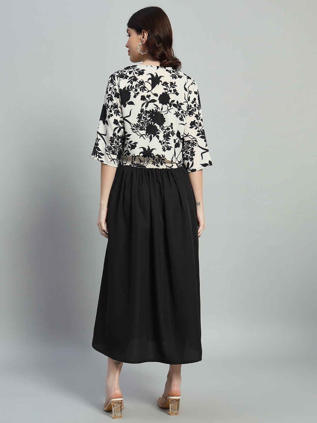 Floral Print Crepe Fit & Flared Calf dress With Jacket