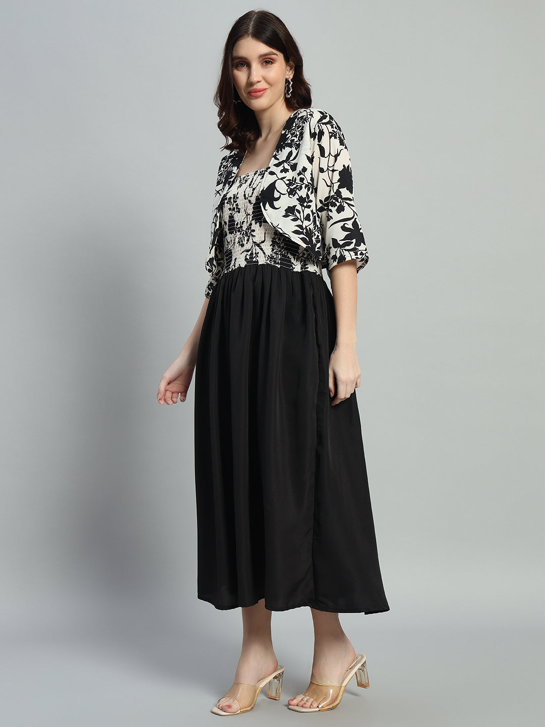 Floral Print Crepe Fit & Flared Calf dress With Jacket