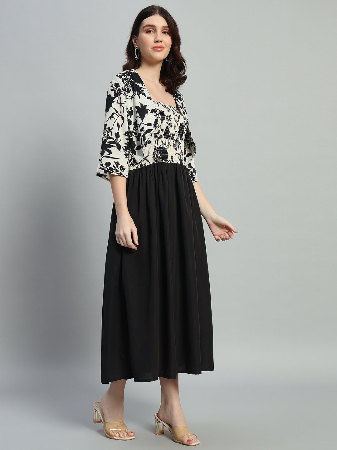 Floral Print Crepe Fit & Flared Calf dress With Jacket