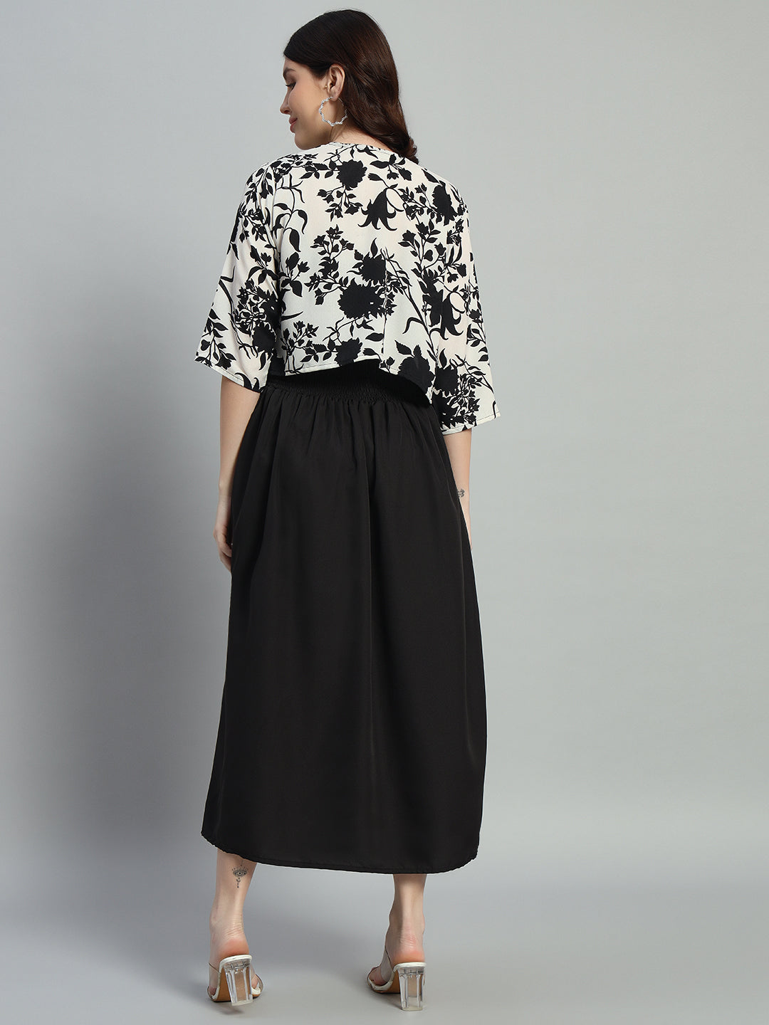 Floral Print Crepe Fit & Flare Midi Dress With a Jacket