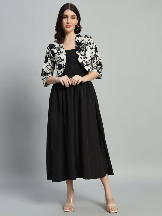 Floral Print Crepe Fit & Flare Midi Dress With a Jacket