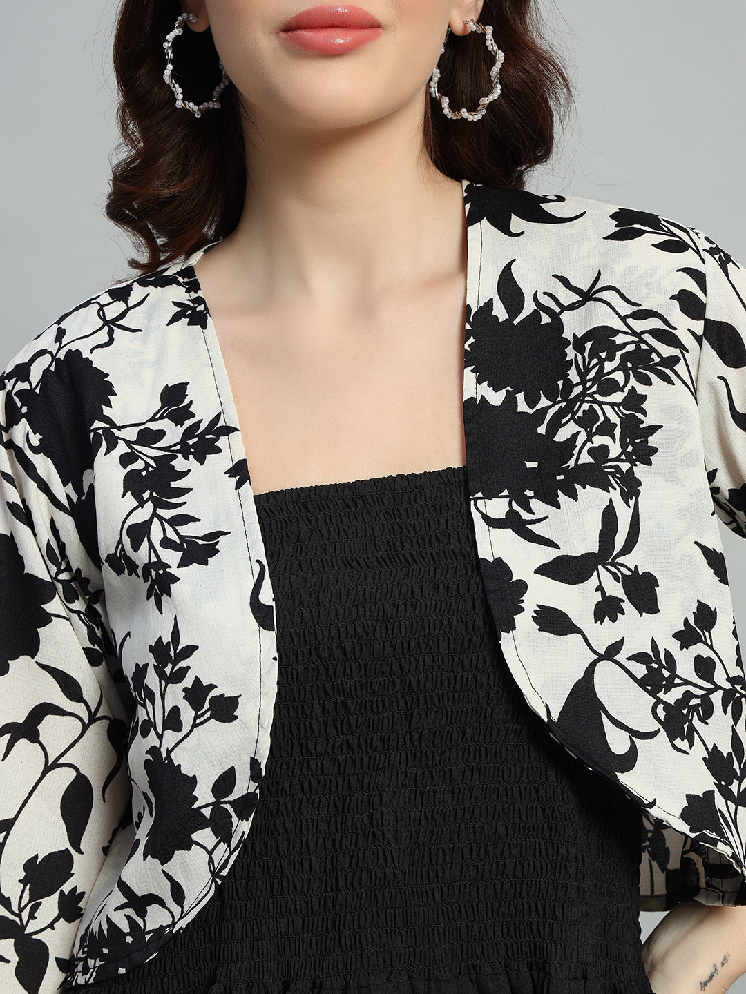 Floral Print Crepe Fit & Flare Midi Dress With a Jacket