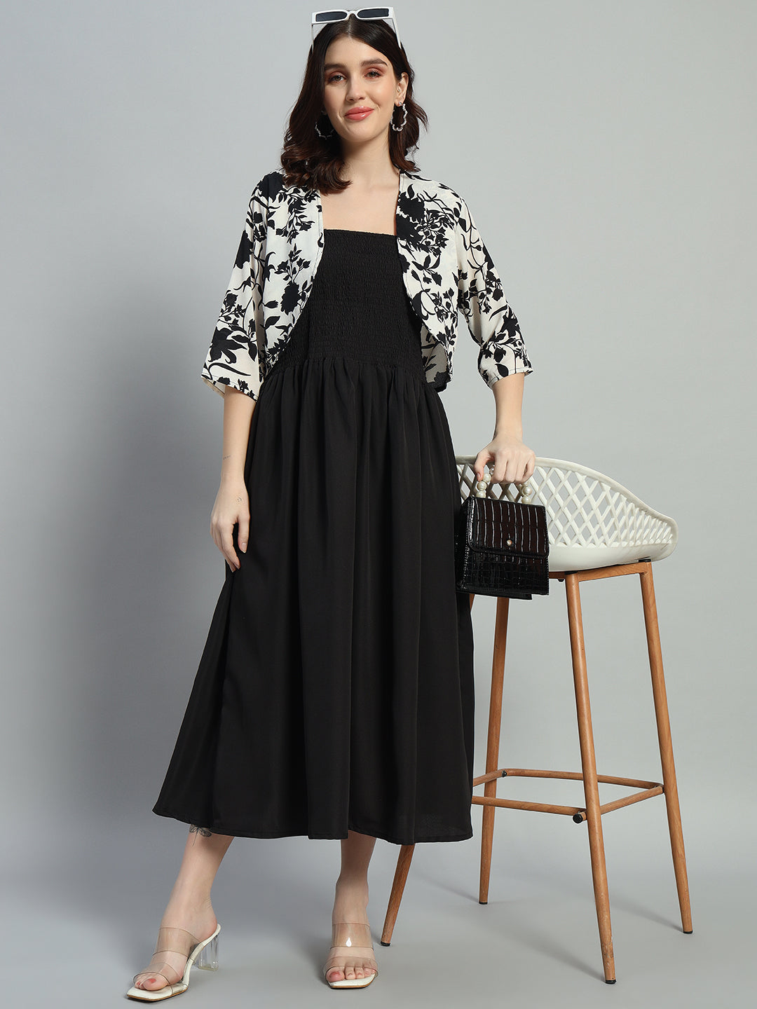 Floral Print Crepe Fit & Flare Midi Dress With a Jacket