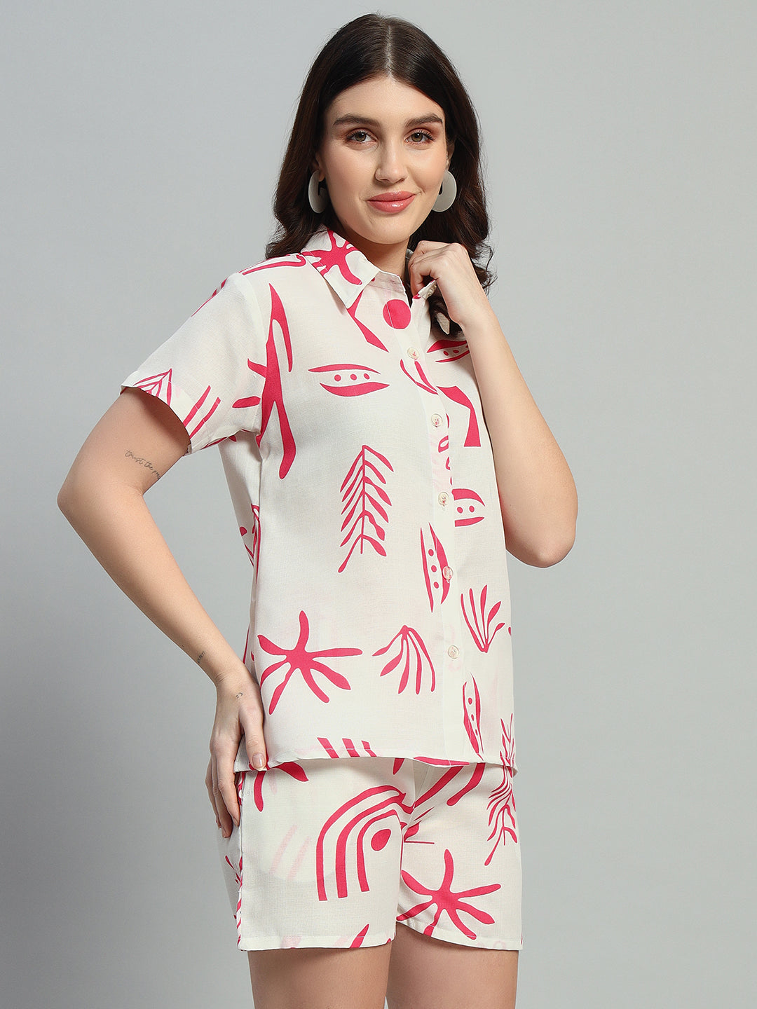 Women Printed Shirt Collar Short Co-Ords