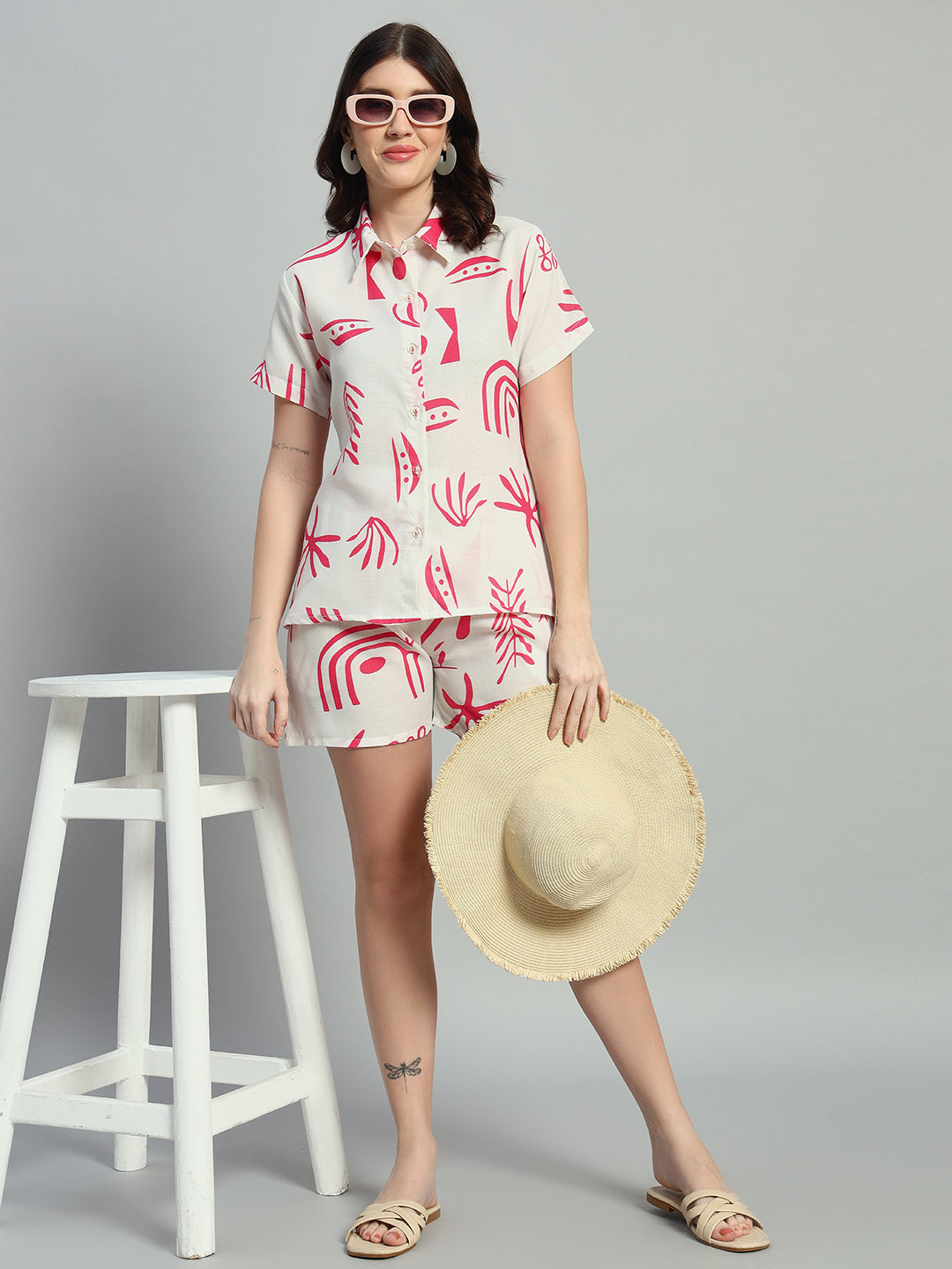 Women Printed Shirt Collar Short Co-Ords