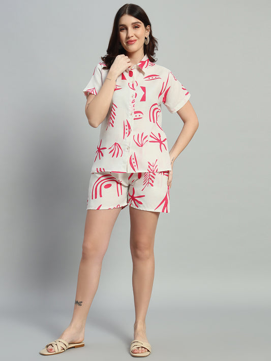 Women Printed Shirt Collar Short Co-Ords