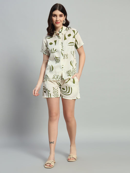 Women Printed Shirt Collar Short Co-Ords