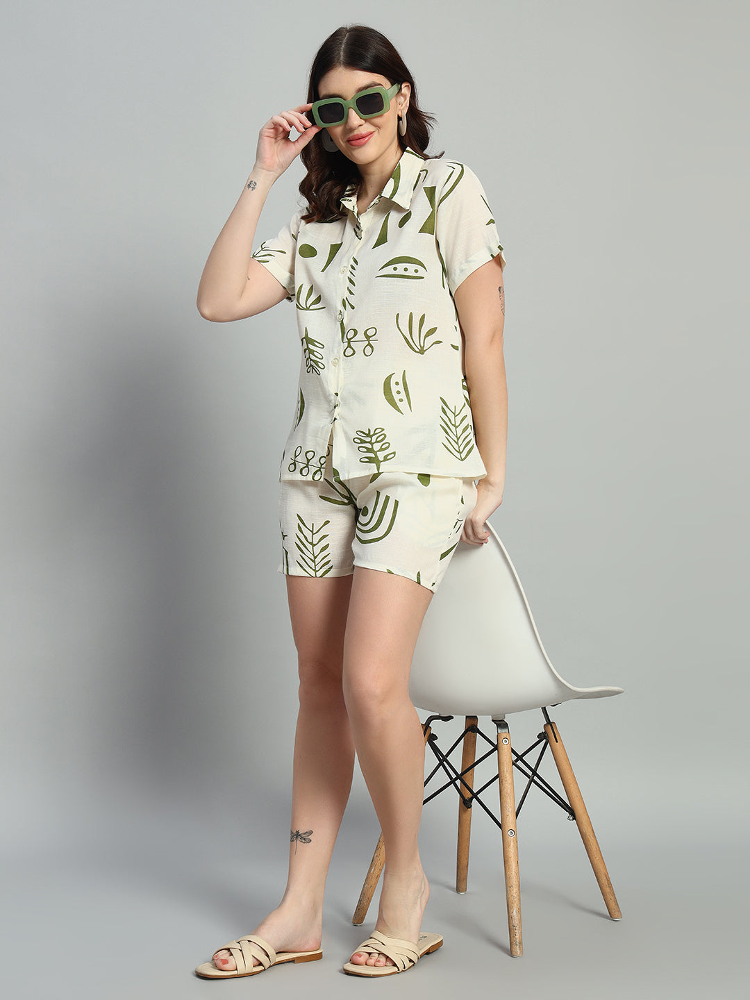 Women Printed Shirt Collar Short Co-Ords