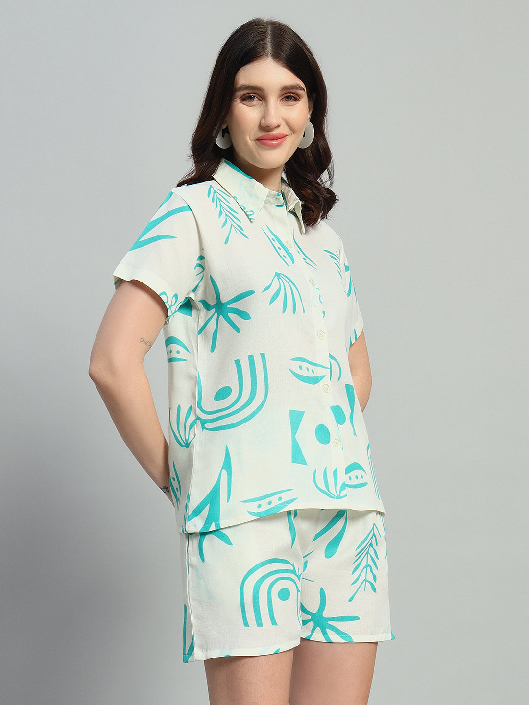 Women Printed Shirt Collar Short Co-Ords