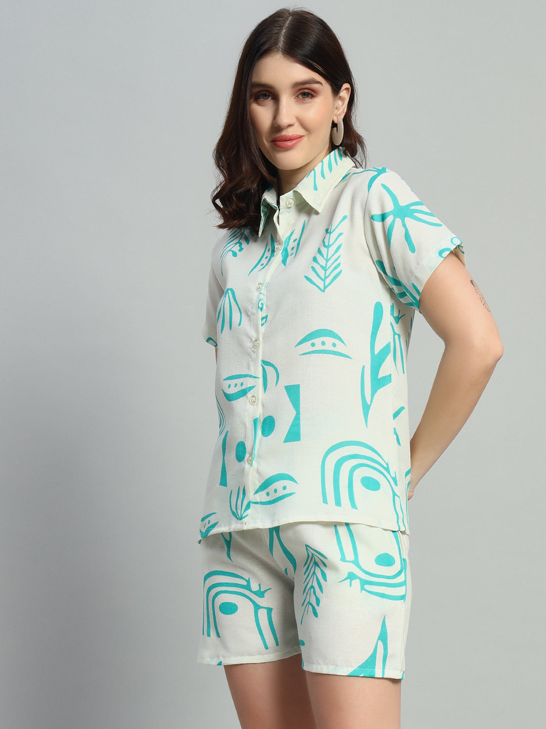 Women Printed Shirt Collar Short Co-Ords