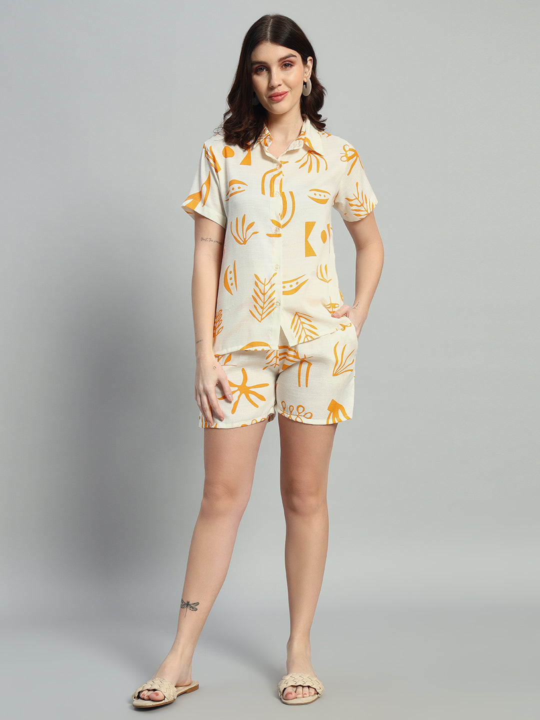 Women Printed Shirt Collar Short Co-Ords