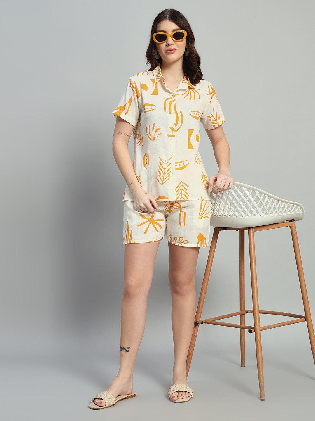 Women Printed Shirt Collar Short Co-Ords