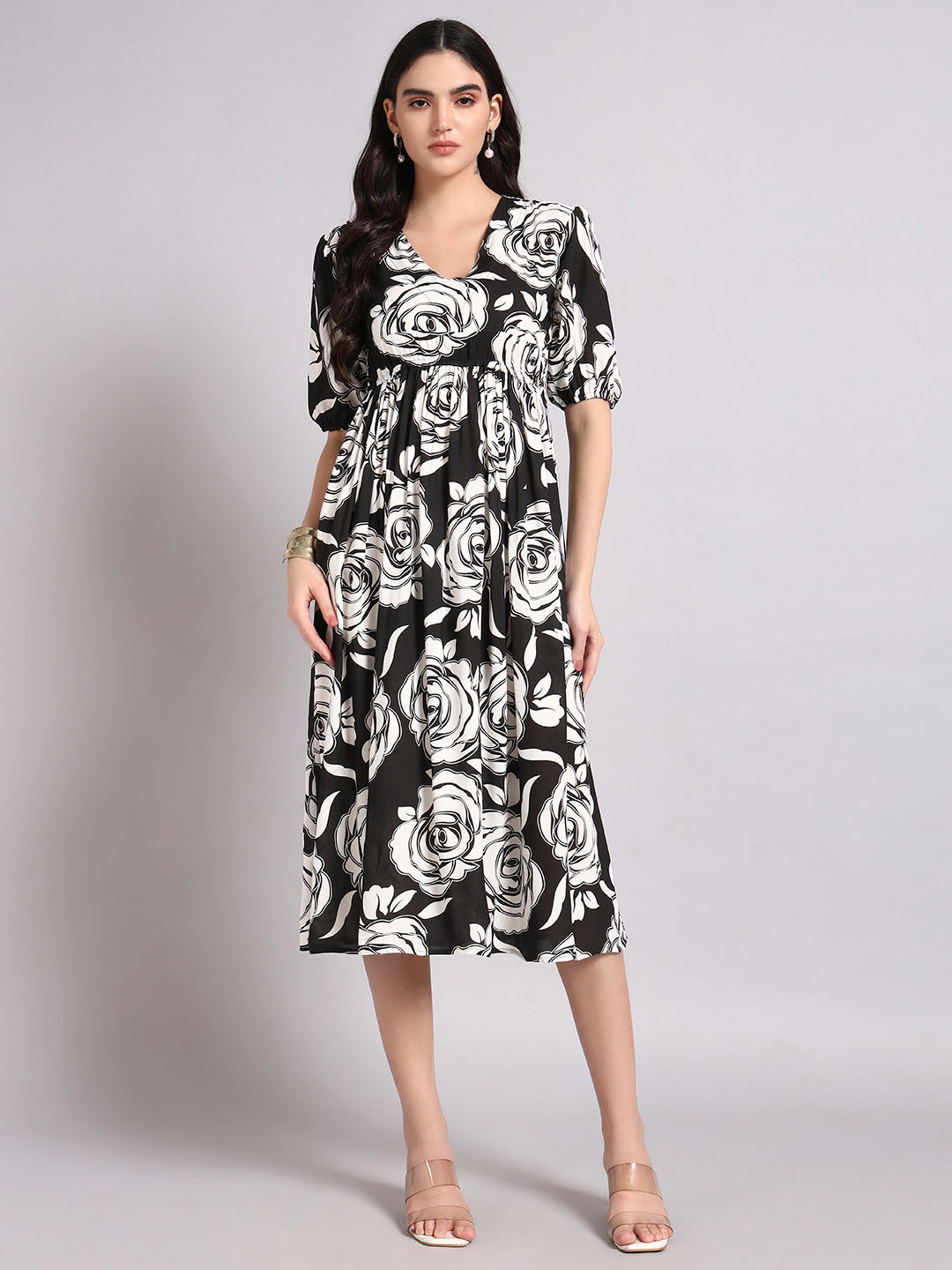 Women Floral Print Puff Sleeve Fit & Flare Midi Dress