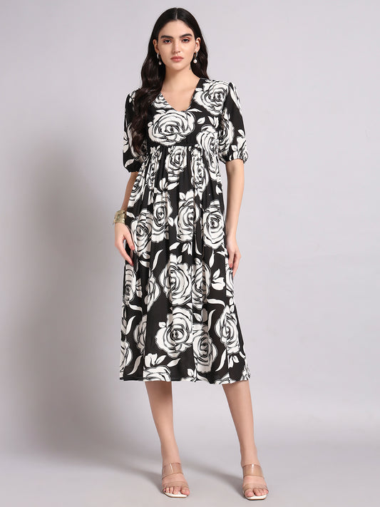 Women Floral Print Puff Sleeve Fit & Flare Midi Dress