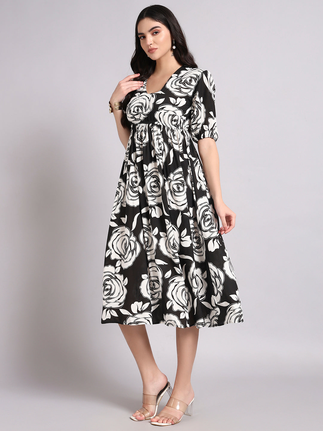 Women Floral Print Puff Sleeve Fit & Flare Midi Dress