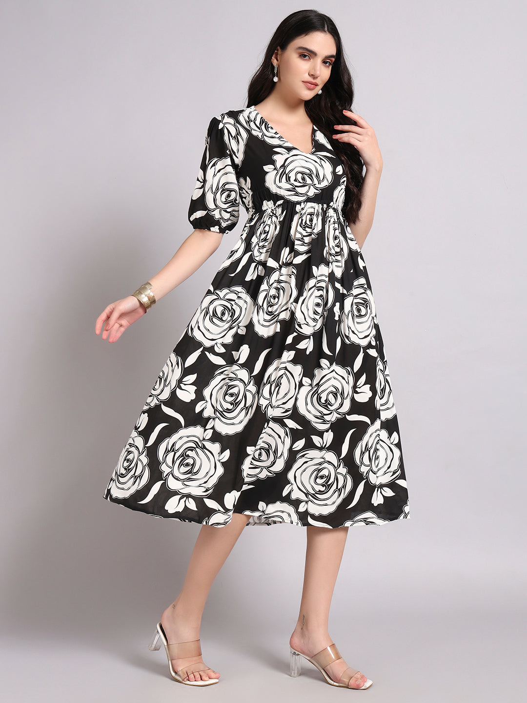 Women Floral Print Puff Sleeve Fit & Flare Midi Dress