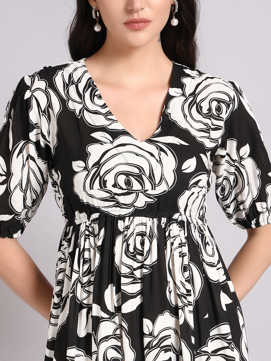 Women Floral Print Puff Sleeve Fit & Flare Midi Dress