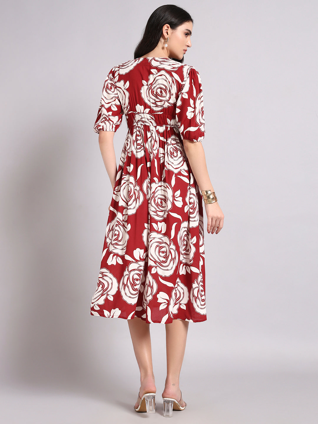 Women Floral Printed Gathered or Pleated Puff Sleeves Fit and Flare Midi Dress