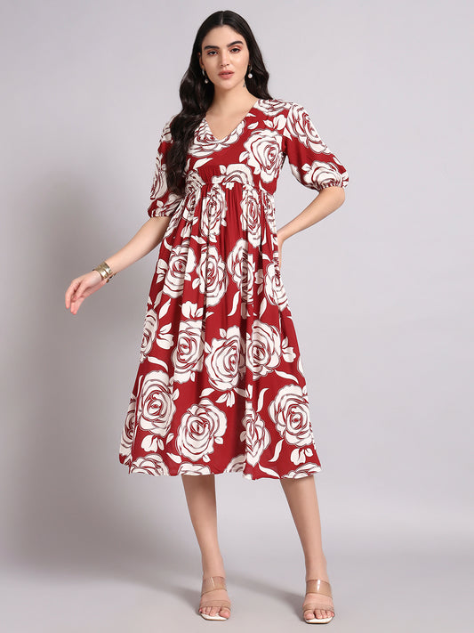 Women Floral Printed Gathered or Pleated Puff Sleeves Fit and Flare Midi Dress