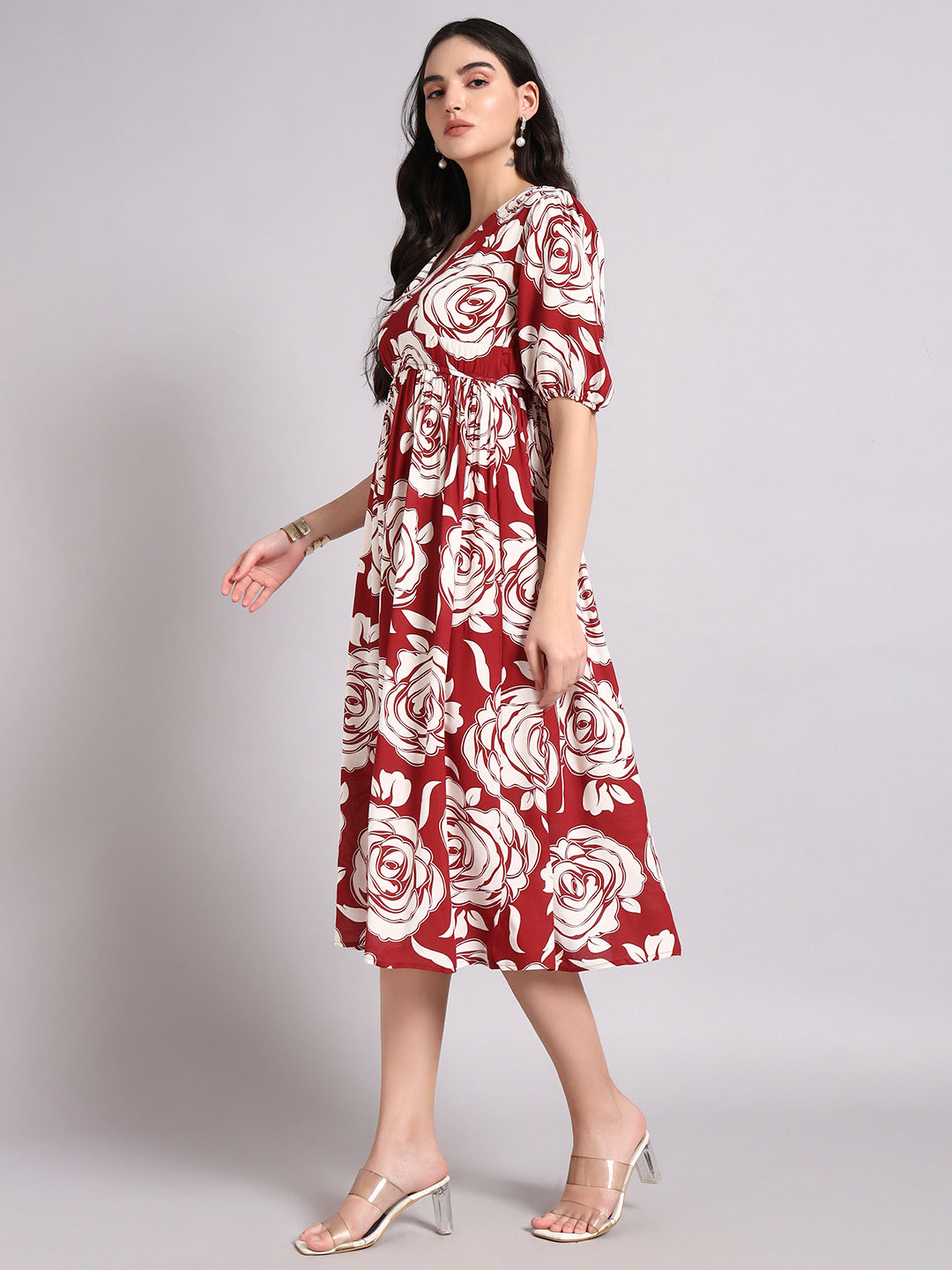 Women Floral Printed Gathered or Pleated Puff Sleeves Fit and Flare Midi Dress